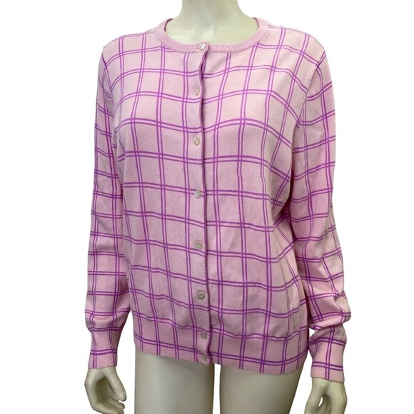 Lands End Womens Pink Plaid Button-Up Cardigan‎ Sweater Large 100% Supima Cotton - Picture 1 of 6